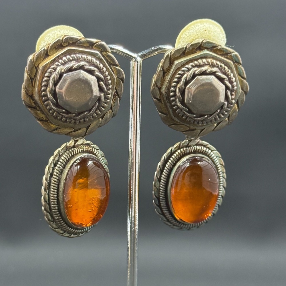 Stephen Dweck 1992 Sterling Silver Clip Earrings w/‎ Amber Glass 2"